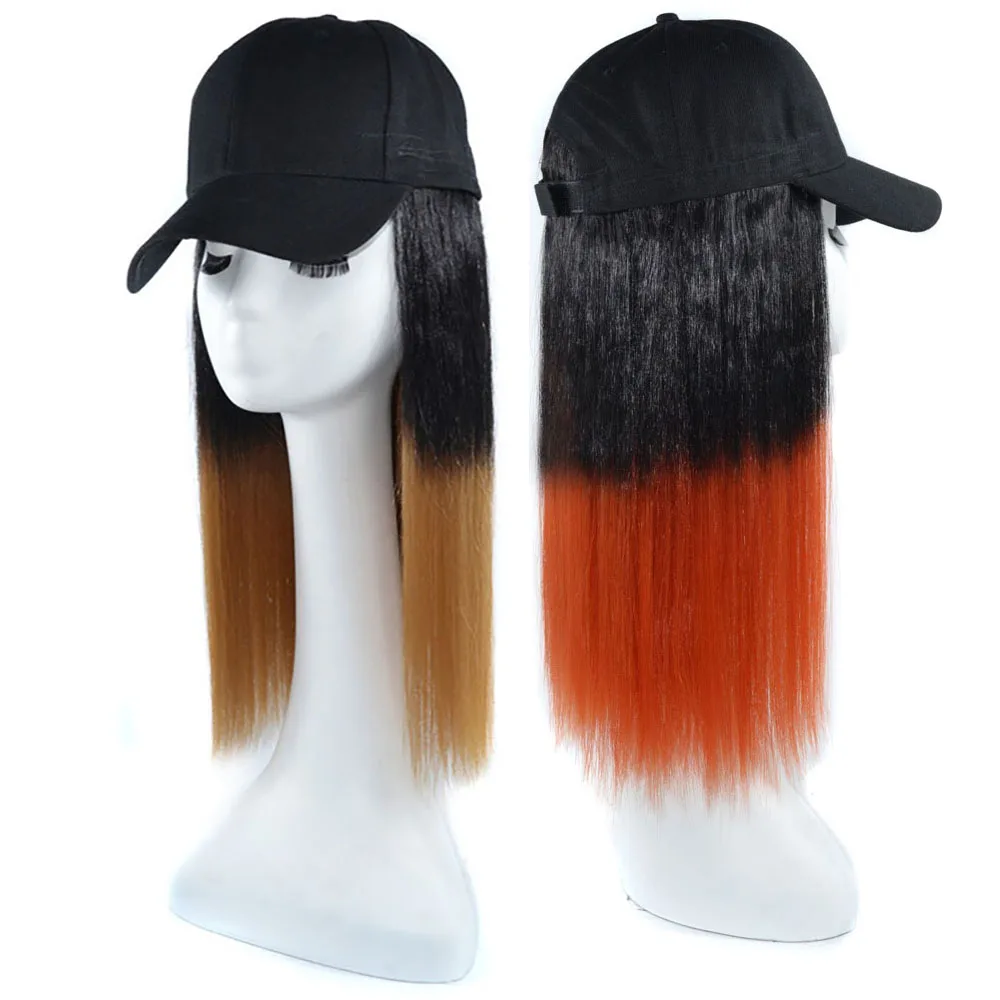Ombre Straight Synthetic Wig with Baseball Cap, Adjustable Black Hat Wig For Ladies Daily Wear