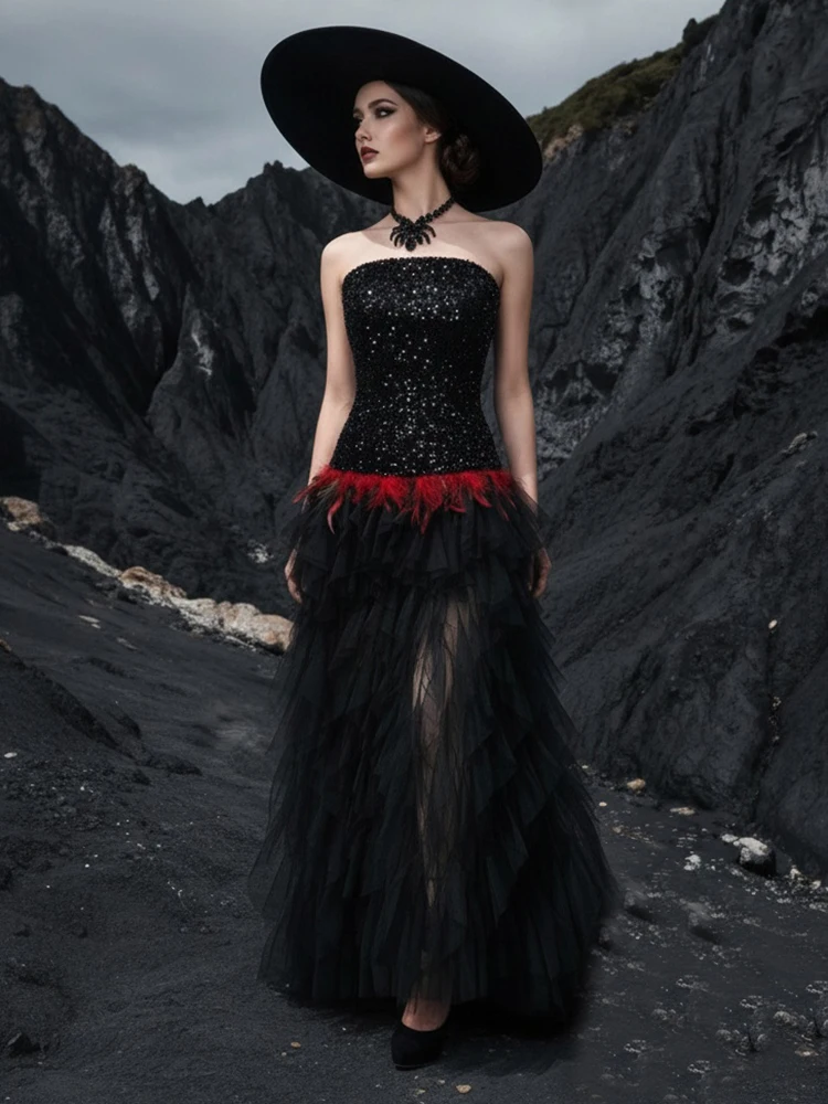 VC Strapless Sequin Patchwork Evening Dress Women Feather Waist Tulle Layered Maxi Gown For Wedding Guest & Banquet Occasions