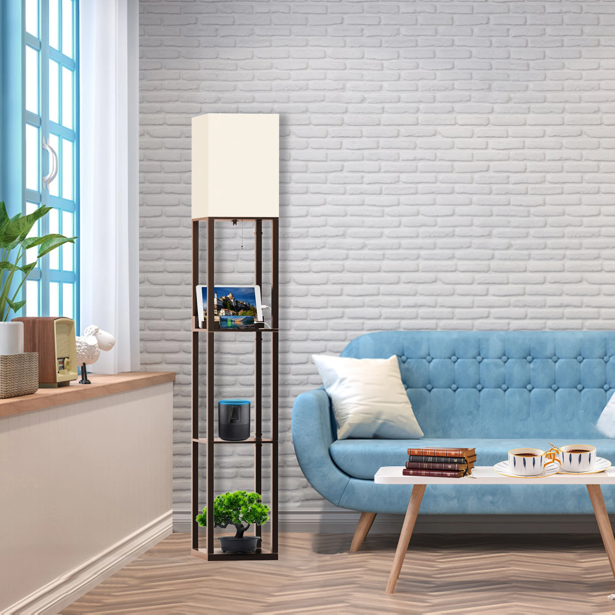 With Shelves, Solid Wood, Usb Ports And Bulb Included