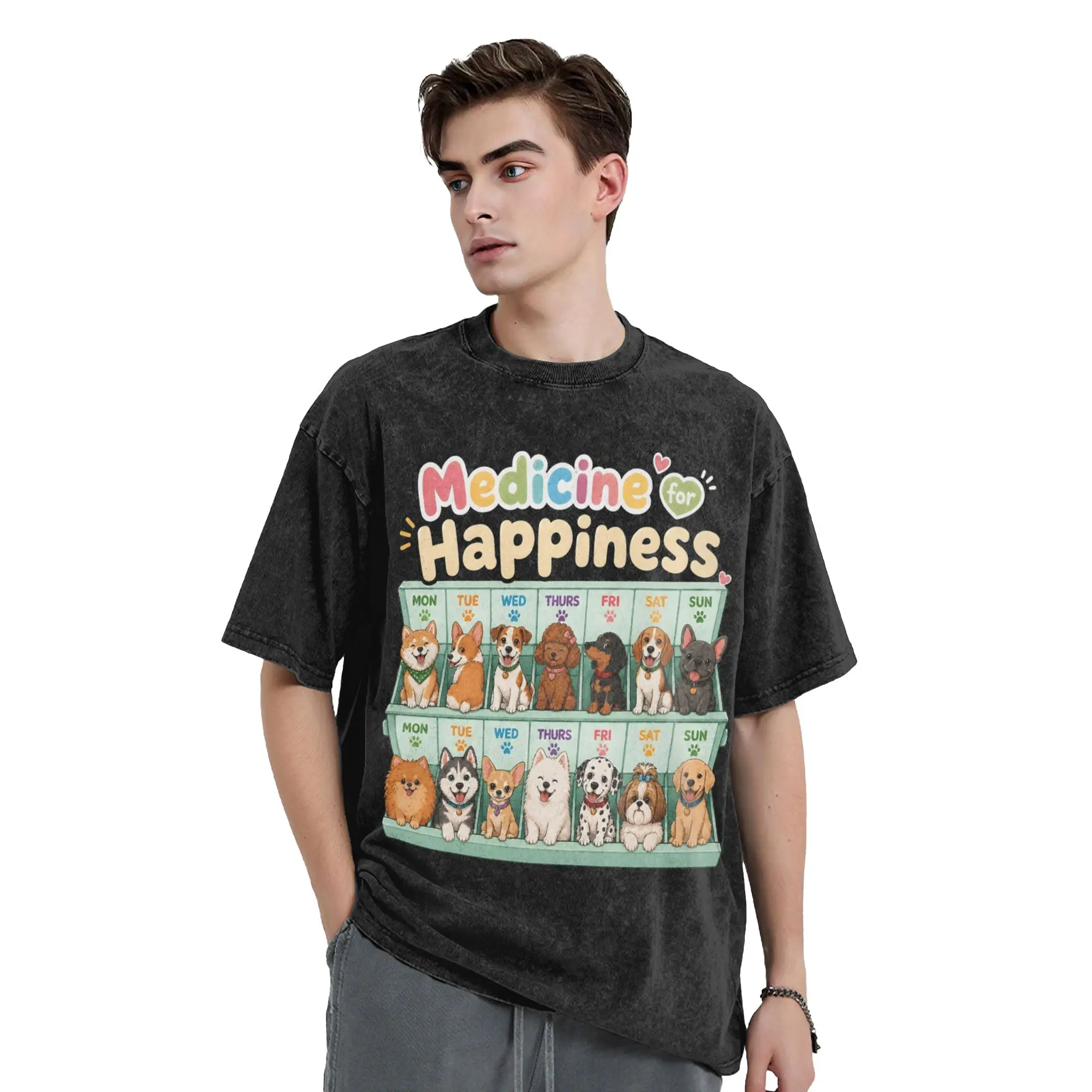 Aesthetic Cute Dogs Weekly Pill Organizer  Vintage Washed T Shirt Men Cotton Happiness Medicine Crewneck Summer Top Tee