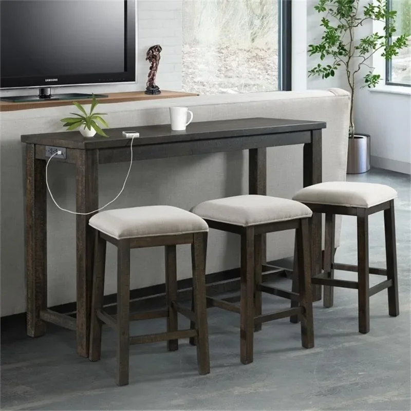 BOWERY HILL Stanford Multipurpose Home Bar Living Room Sofa Table Set with 3 Upholstered Stools, Chairs in Smokey Walnut