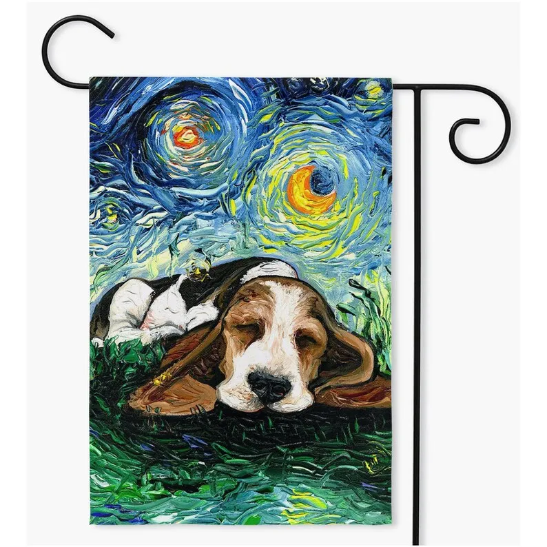 Sleeping Basset Hound Puppy Starry Night Dog Yard Flags Double Sided Printing Art By Aja Outdoor Decor Lawn Garden Decoration