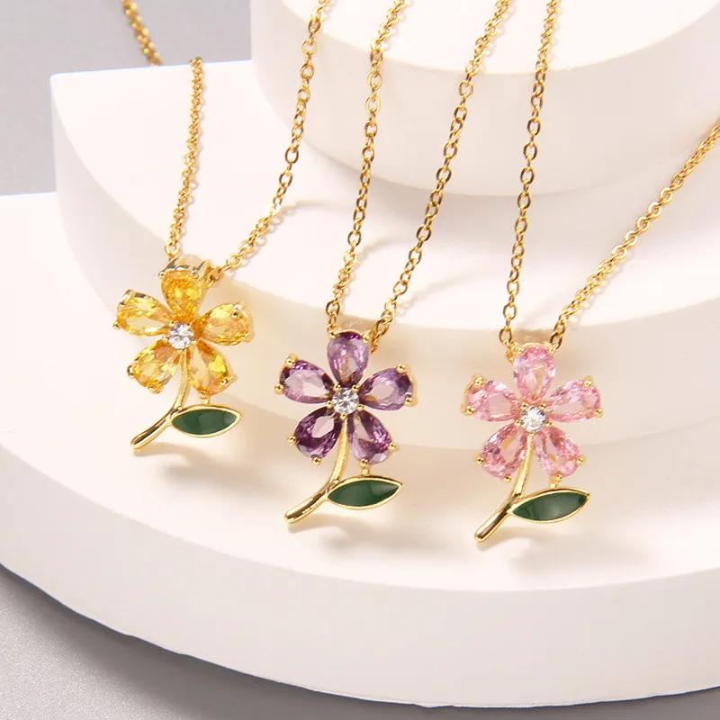 Luxury Leaf Flower Zircon Pendant Necklace Stainless Steel Plant Charms Choker Jewelry Birthday Gifts For Women Girls