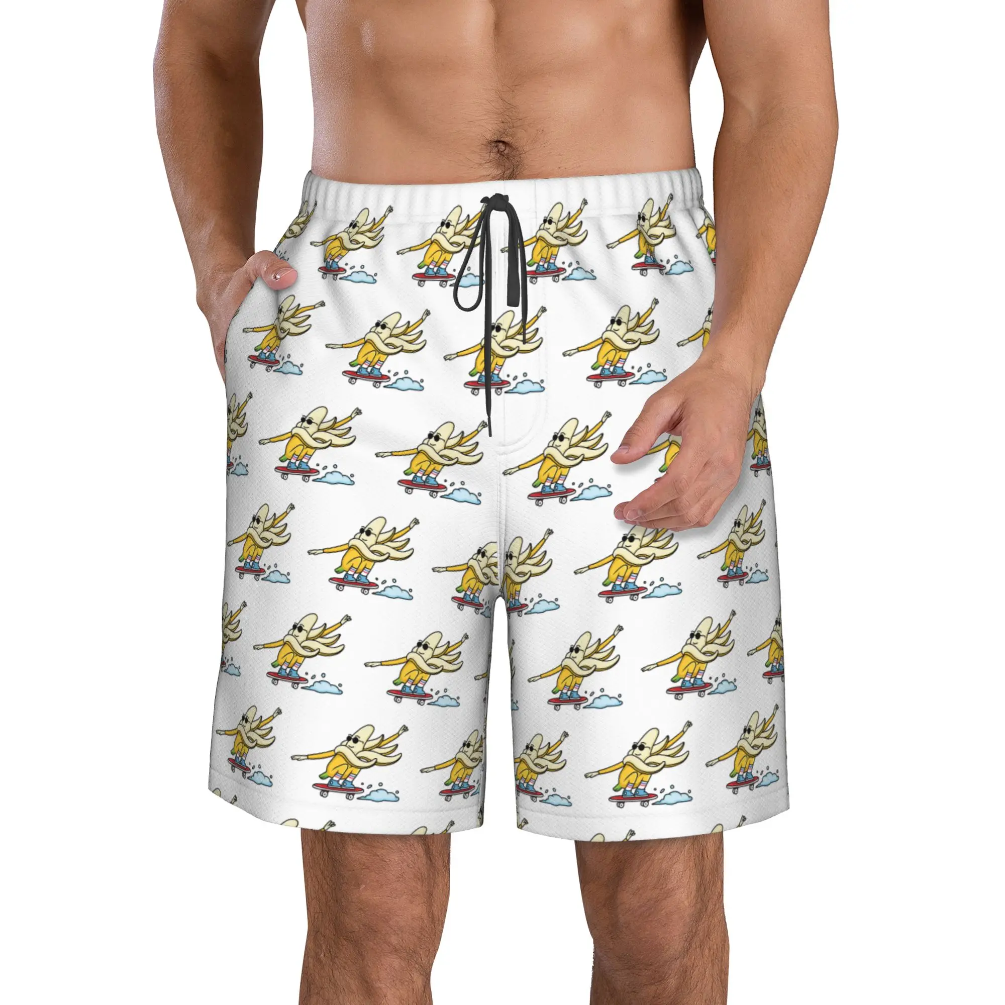 Fun Banana Playing Skateboard Pattern Trunks Beach Board Shorts Casual Quick Dry Swimming Summer Men Pants