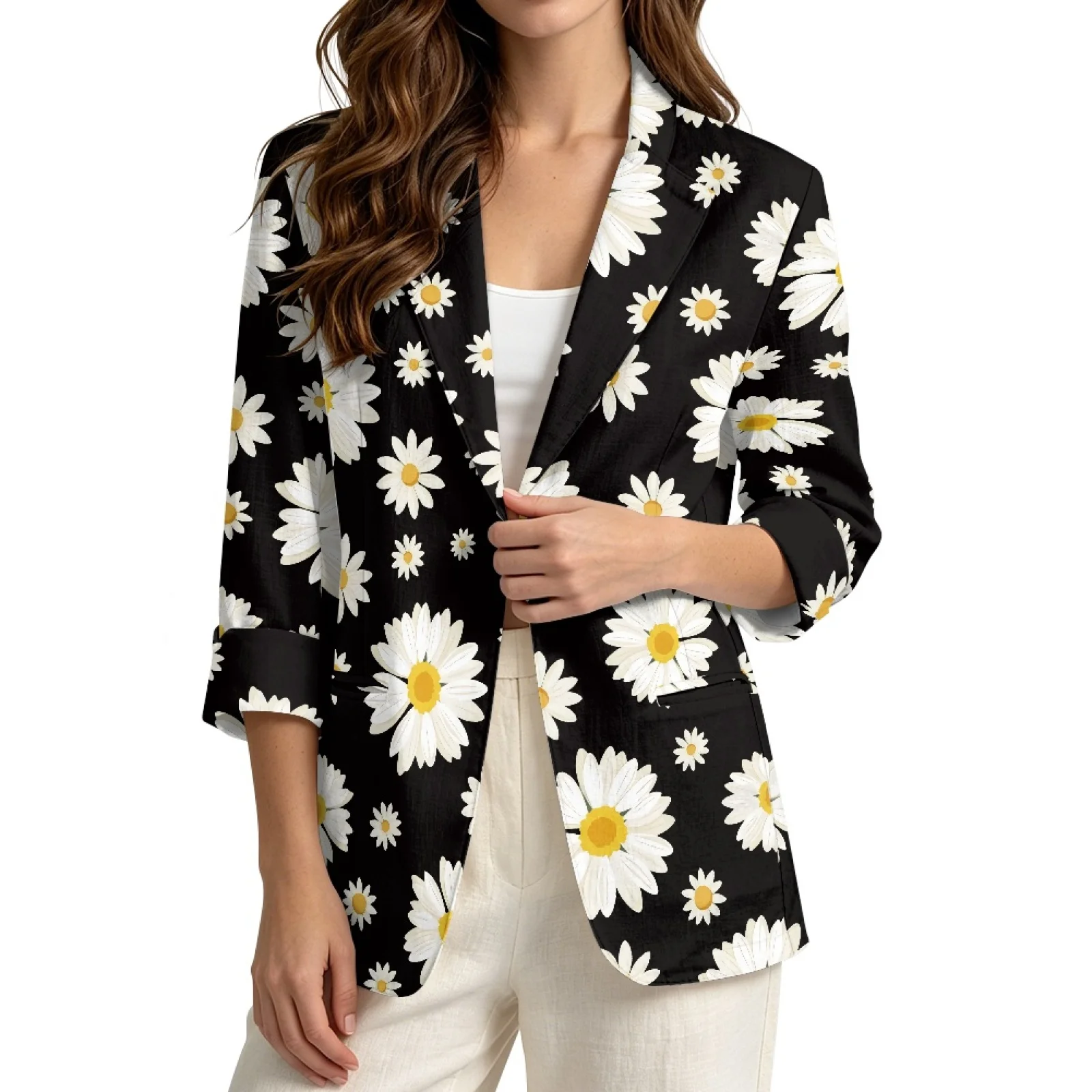 PENSTROLL White Daisies Open Front Business Jacket for Womens Linen Style Beach Cover Up Layering Top