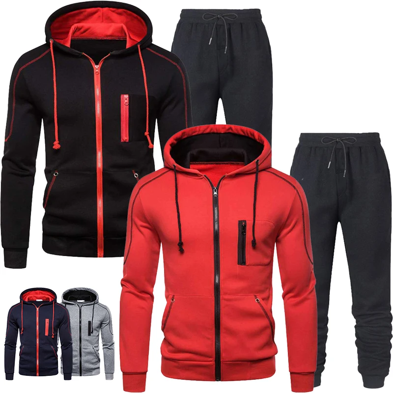 Ropa Deportiva de dos piezas para hombre, conjunto de Sudadera con capucha y cremallera vertical, pantalones deportivos para correr, traje deportivo