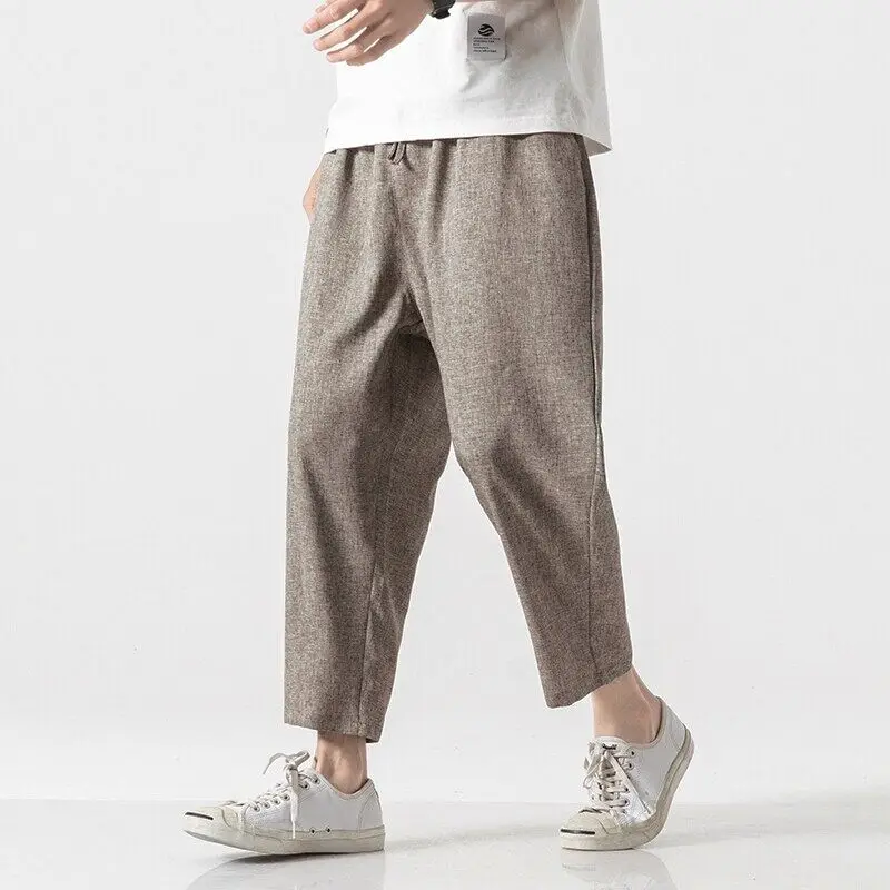 

Хлопково-льняные мужские летние тонкие брюки, модные брендовые японские брюки большого размера, свободные прямые льняные брюки с девятью точками