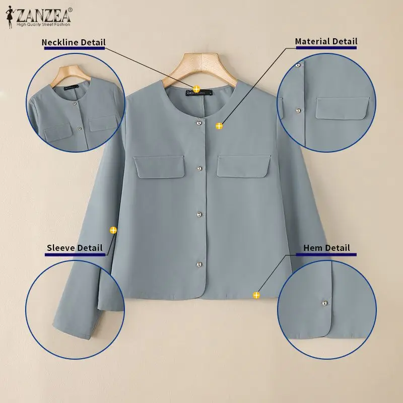 ZANZEA 여성 우아한 경량 짧은 블레이저 오 넥 긴 소매 버튼 업 솔리드 컬러 정장 재킷 봄 사무 작업 겉옷