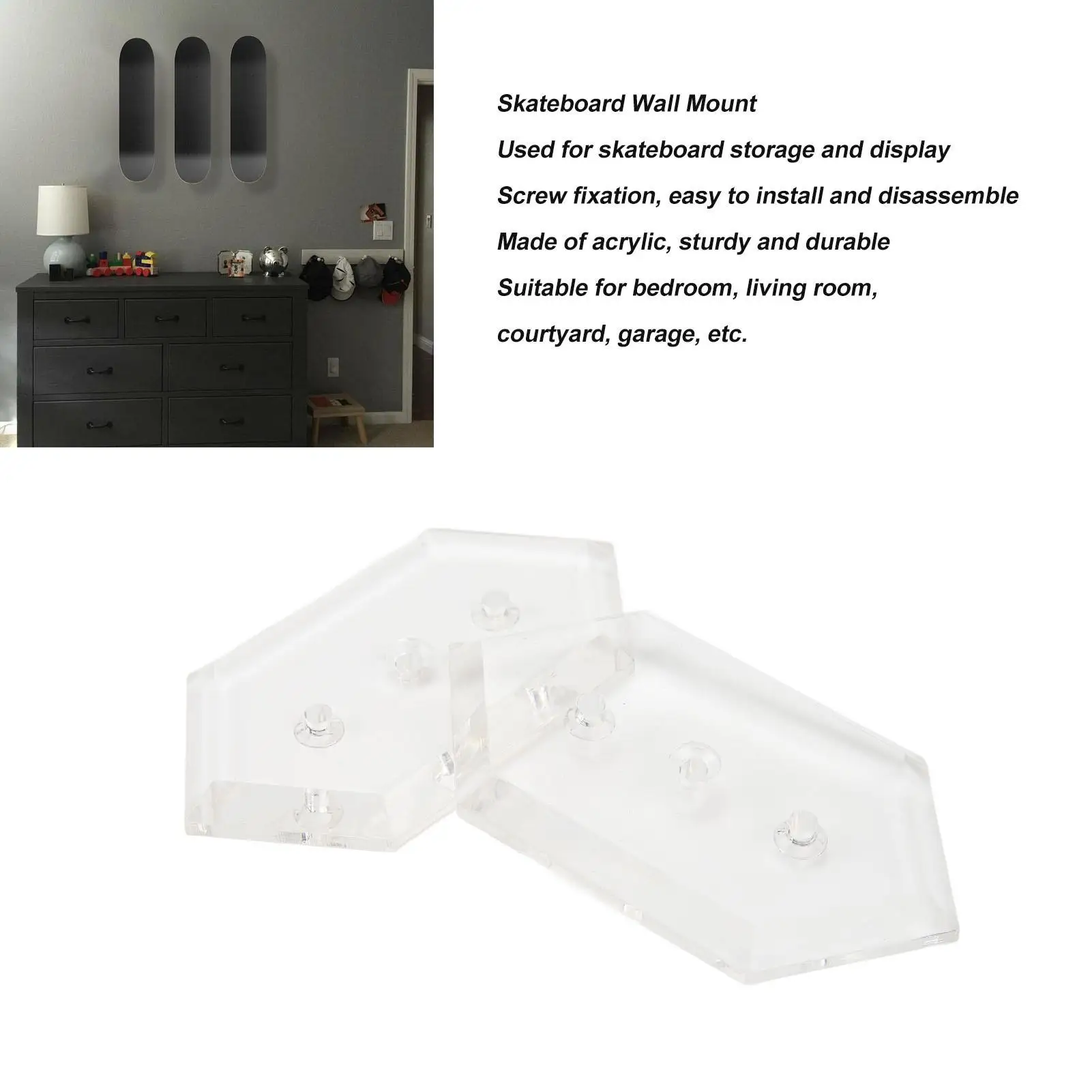Acrylic Skateboard Wall Mount Rack for 2 Boards High Load Easy Install