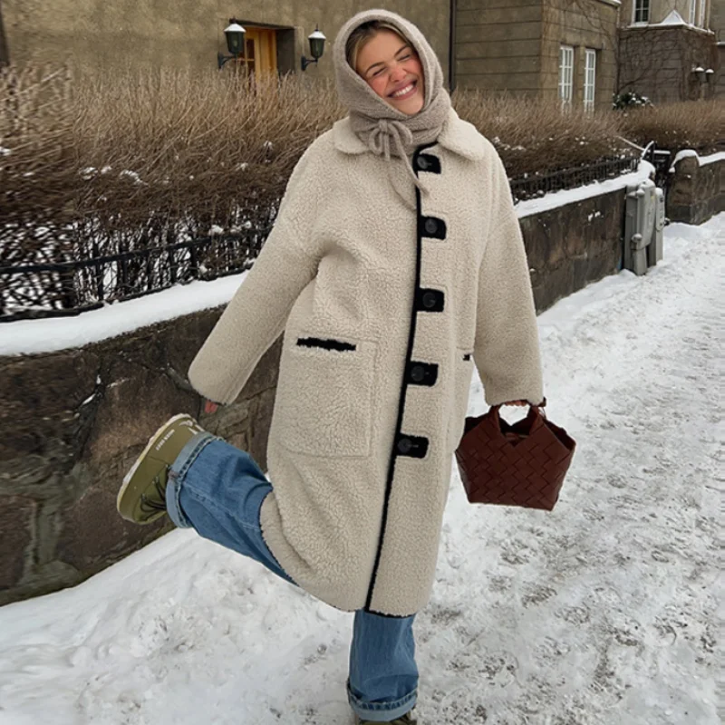 

Autumn Winter Faux Lamb Fur Long Jacket For Women Lapel Long Sleeve Loose Pocket Overcoat 2025 New Lady Warm Solid Streetwears