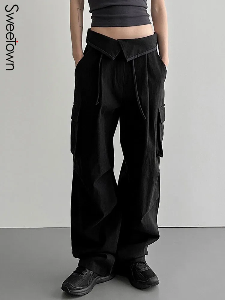 

Sweetown Folds High Waist Pockets Wide Leg Cargo Pants Women Black Street Style Korean Fashion Woven Techwear Cargos Trousers