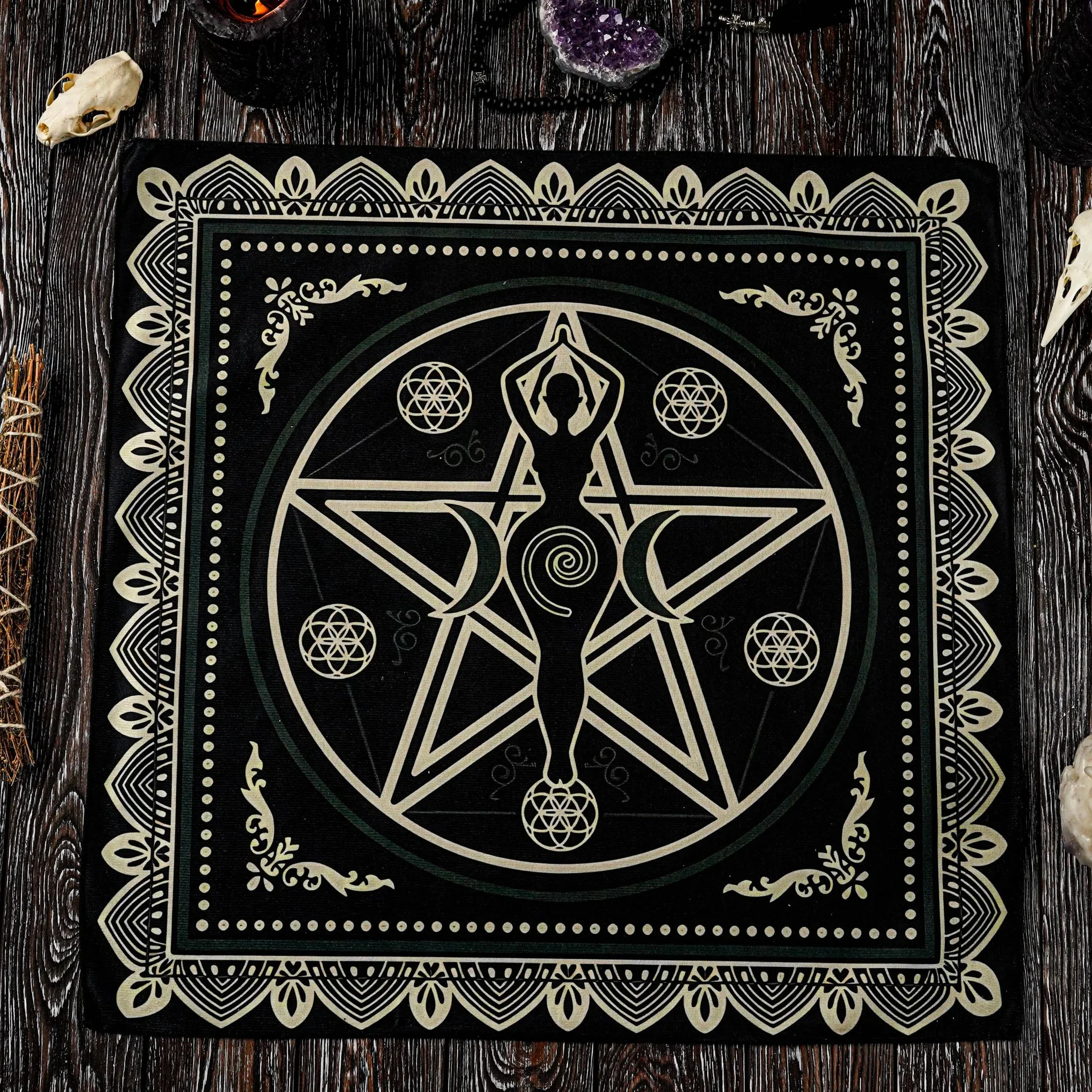 Wiccan Pagan Altar tablecloth, Triple Moon Goddess Tree of Life Tarot Mat, Witchcraft Spiritual Decor