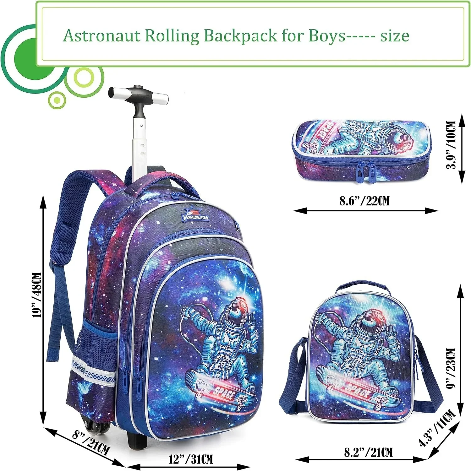 Children Trolley Backpacks with Wheels Roller Luggage Backpacks on Wheels Astronaut Rolling Backpack for Boys School Bag Set