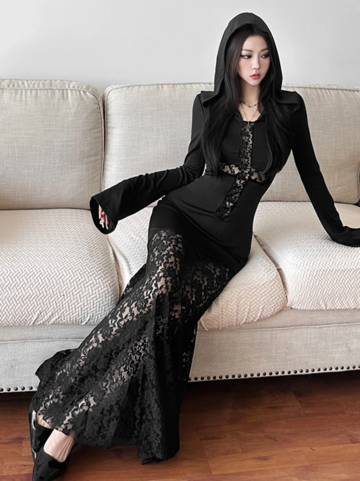 Sisjuly Halloween Witch Sle Hollow Out Cross Design Kapuzen Dr Damen Vintage Crossbody Long Sve Maxi Dr