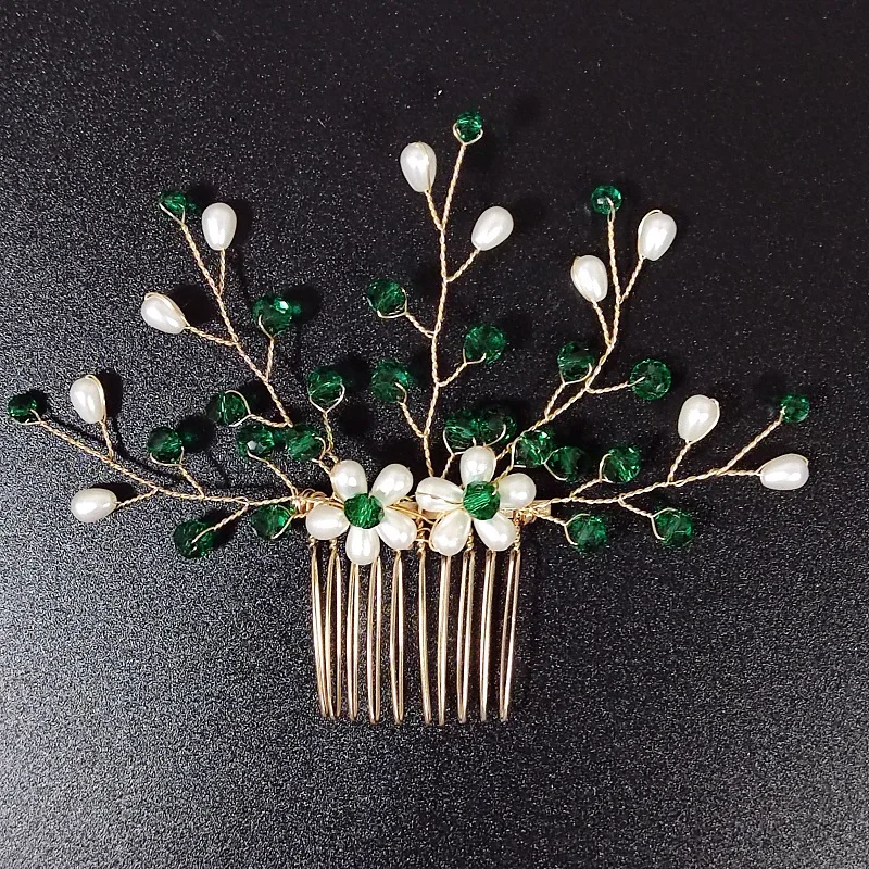 Grampos de cabelo e pentes de cristal verde folha de ouro flor nupcial acessórios de cabelo de casamento para mulheres presentes de dama de honra