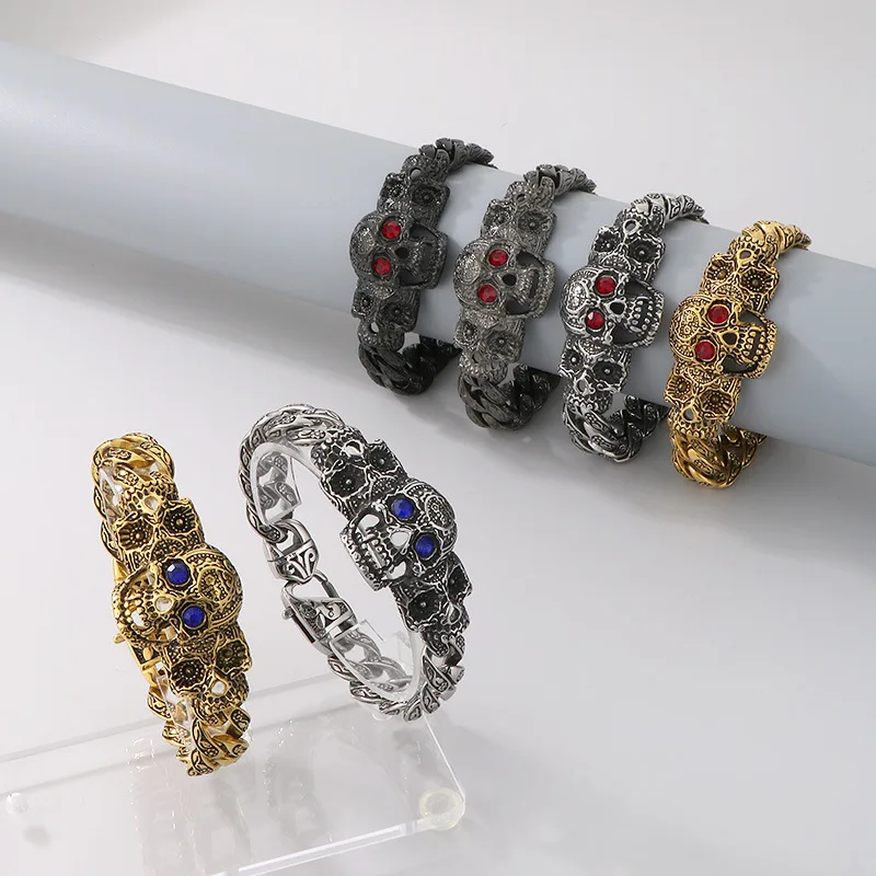 Stainless steel Domineering Skull Head Bracelet and Bangle for Men and Women, Blue and Red Eyes  Amulet, Lucky Jewelry Gift