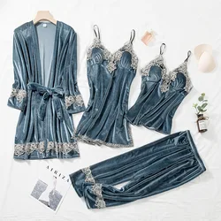 Pajamas Four-Piece Set Sexy Lace Trim Bathrobe Trouser Suits Velvet Women Sleepwear Autumn Winter Velour Home Clothes Loungewear