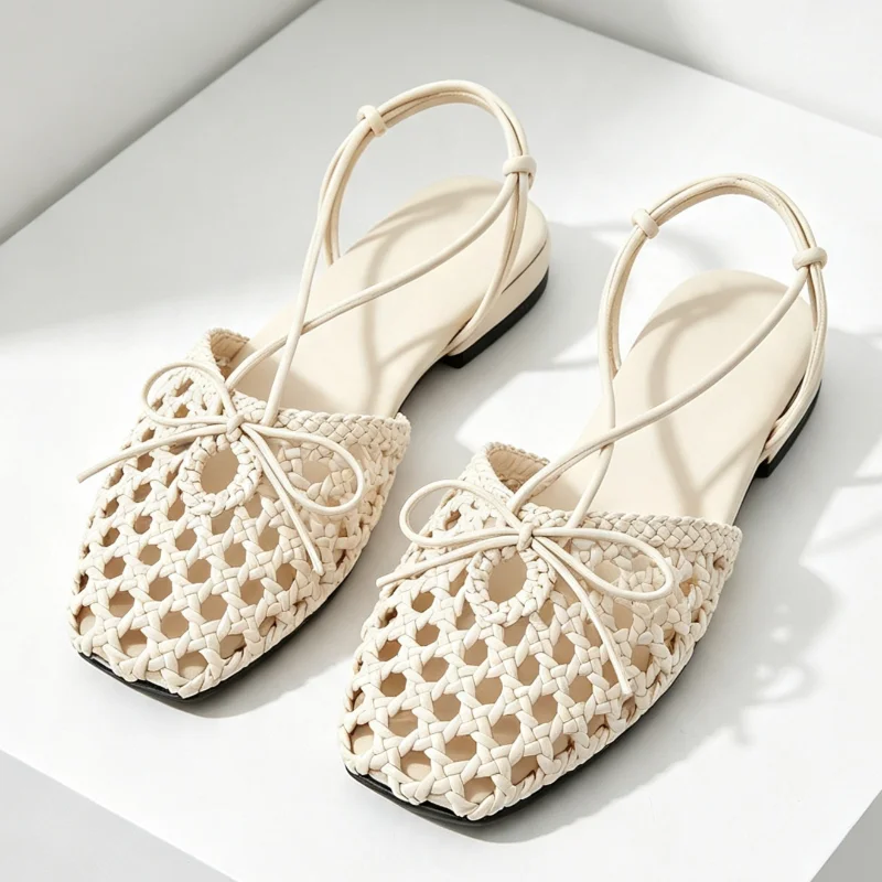 Hand Woven Hollow Mesh Butterfly Knot Detail Flat Sandals Women Fashion Square Toe Slingback Slippers Luxury Brand Designer Shoe