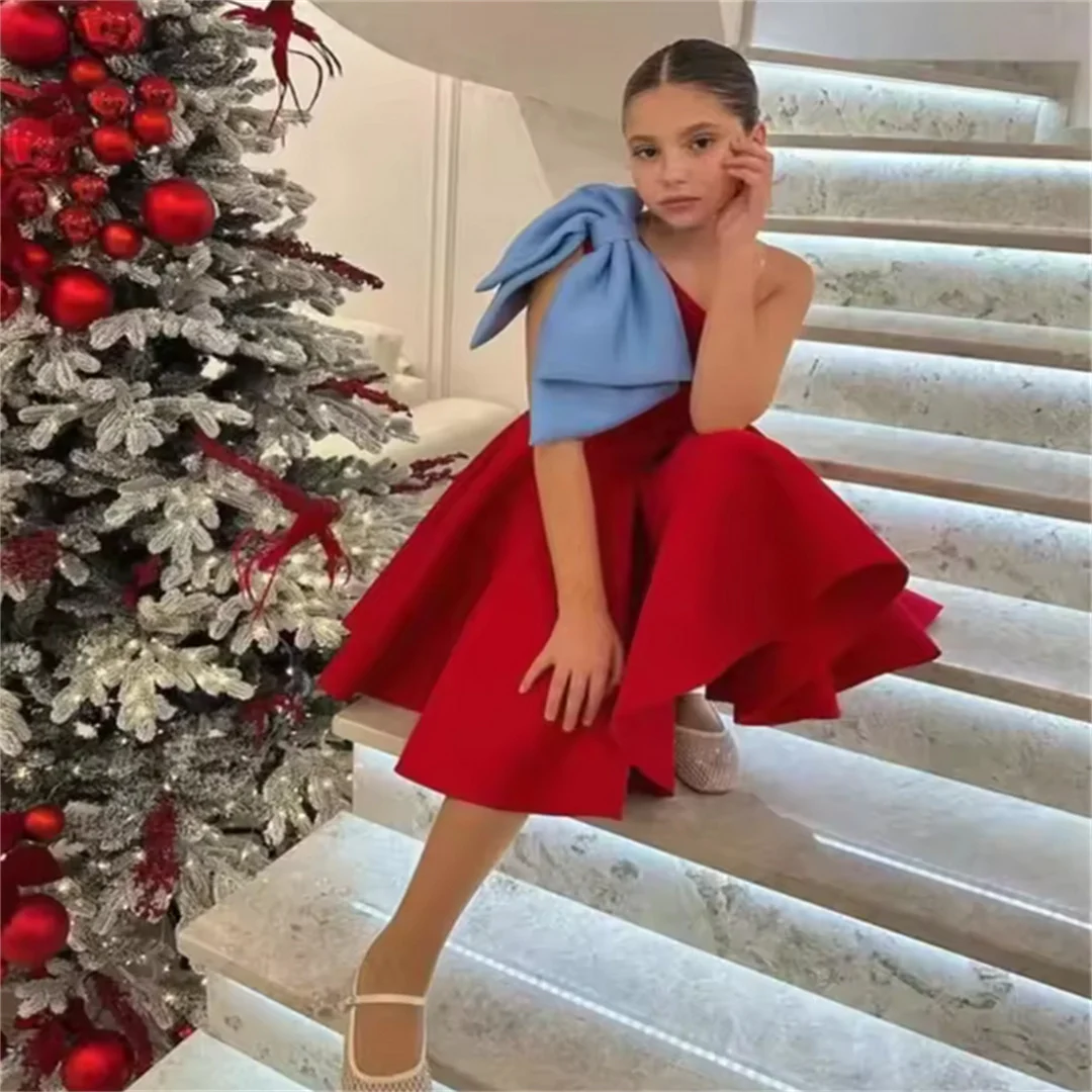 Vintage Red Flower Girl Dresses One Shoulder Knee Length Kids Birthday Gowns Bows Little Girls Photoshoot Wedding Guest Dresses