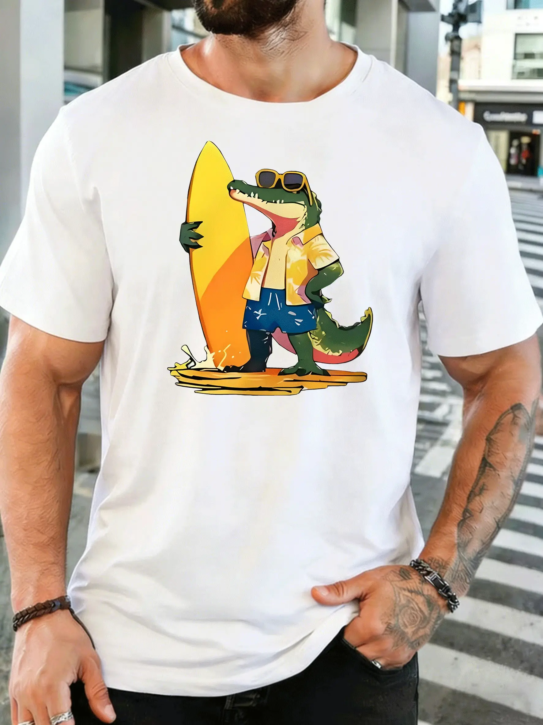 Men Short Sleeve T Shirt Surfing Crocodile Graphic Tee Beach Print Tops Summer Soft Cotton Casual Street Wear For Adult Male