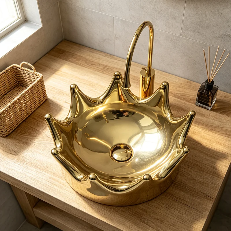 40Cm*40Cm Golden Crown-Shaped Ceramic Washbasin - an Ideal Choice for Modern Bathroom Equipment, Suitable for Changing Rooms, Vanity Tables, Public Rooms, Bathrooms, Toilets, and Rvs