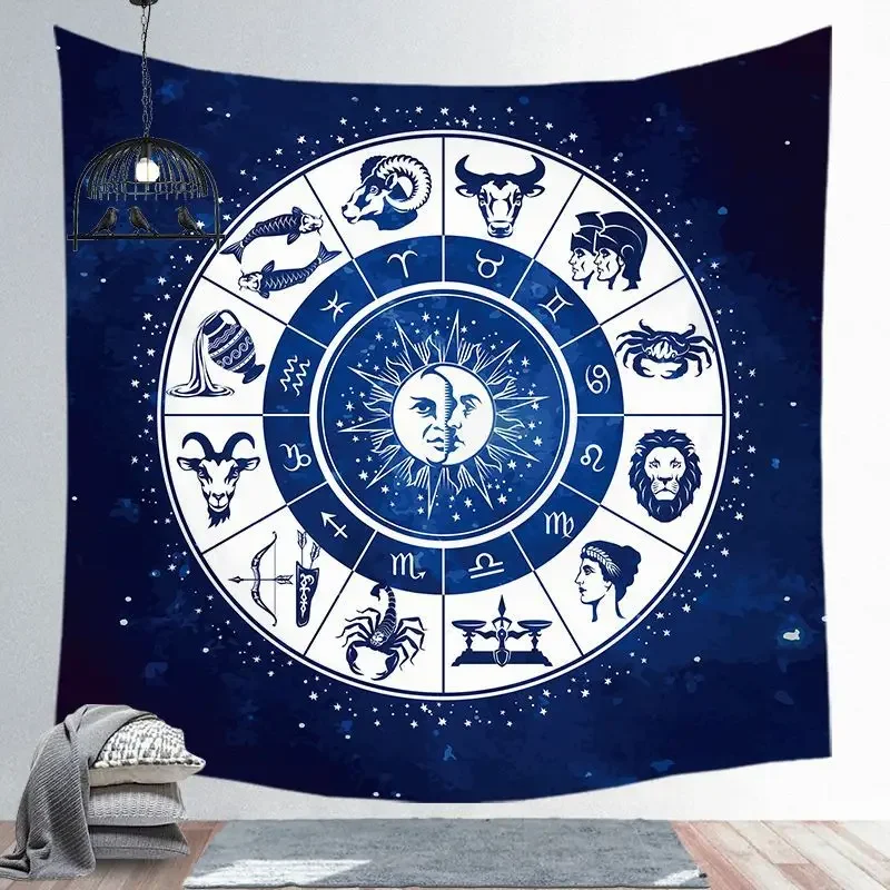 Blue Tarot Tapestry Wheel Zodiac Astrology Chart Wall Hanging Scarf Altar Cloth Tarot Cloth Tarot Deck Sun And Moon Home Decor