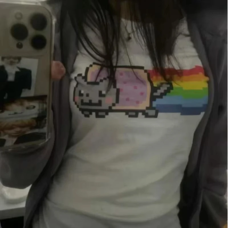 Ladies Cute Pixel Art Cat T‑Shirt Retro 8‑Bit Design RainbowToast CartoonGraphic Casual Short Sleeve Daily StreetwearFashion Tee