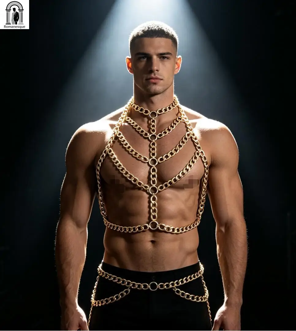 Men's Silver Thick Chain Body Harness Halter Neck Chest Cage Top Adjustable Waist Chain Vest Nightclub Rave Party Body Jewelry