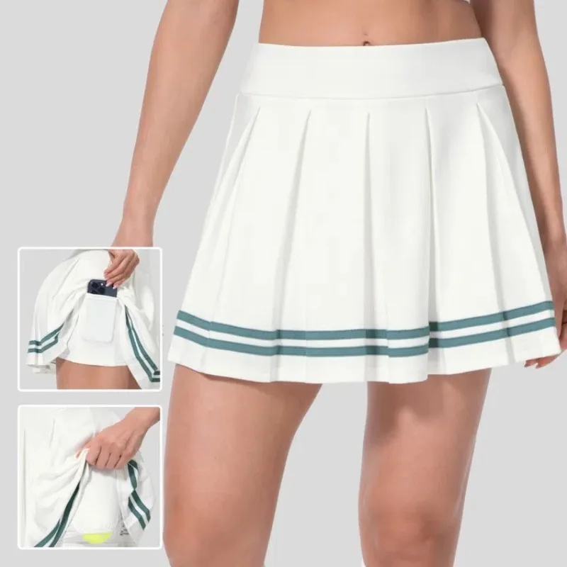 White Stripe Tennis Skirt with Shorts Pocket Women Skort Badminton Clothes Golf Wear Sport Active Wear Running Suit 2024