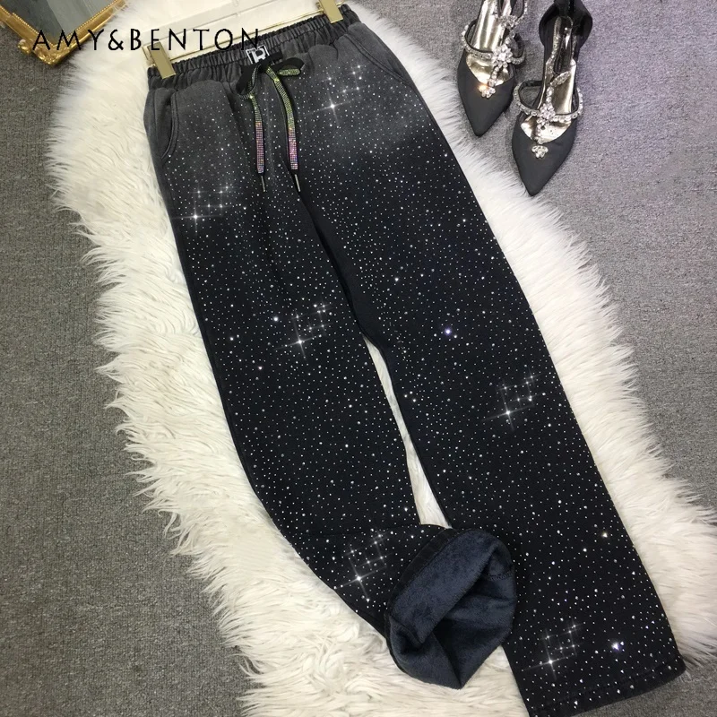 Heavy Embroidery Diamond Drills Wide-Leg Pants Women\'s Fleece-Lined Thickened Elastic Waist Oversized Jeans High Waist Trousers