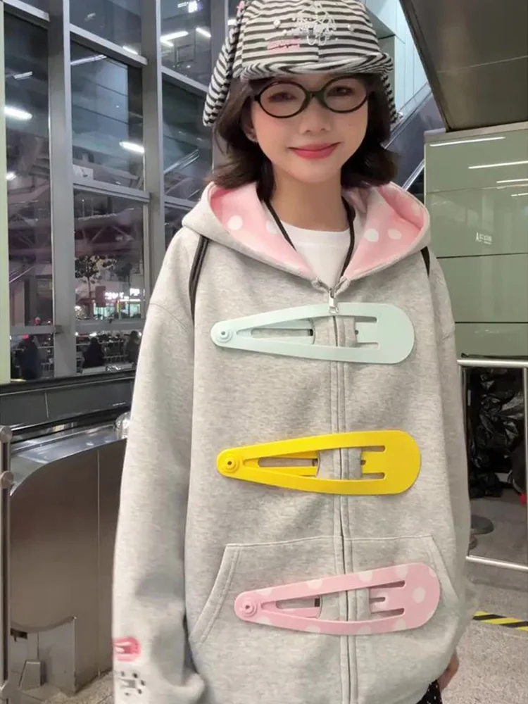 2026 Herbst Winter Damen Y2K Kawaii Oversized Zip-Up Hoodie mit 3D-Riesen-Haarspangen-Dekor und Polka Dots Kapuze, Grau, Lässiger Sweatshirt – Detail 2