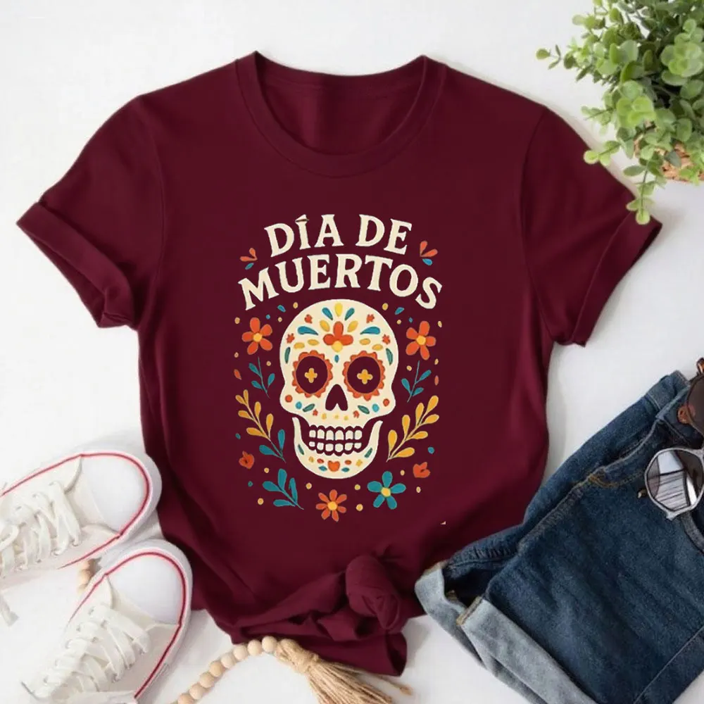 유니섹스 데이 오브 더 데드 티셔츠 정통 멕시코 티셔츠 컬러풀한 해골 프린트 축제용 멕시코 의류 O넥 고품질 면