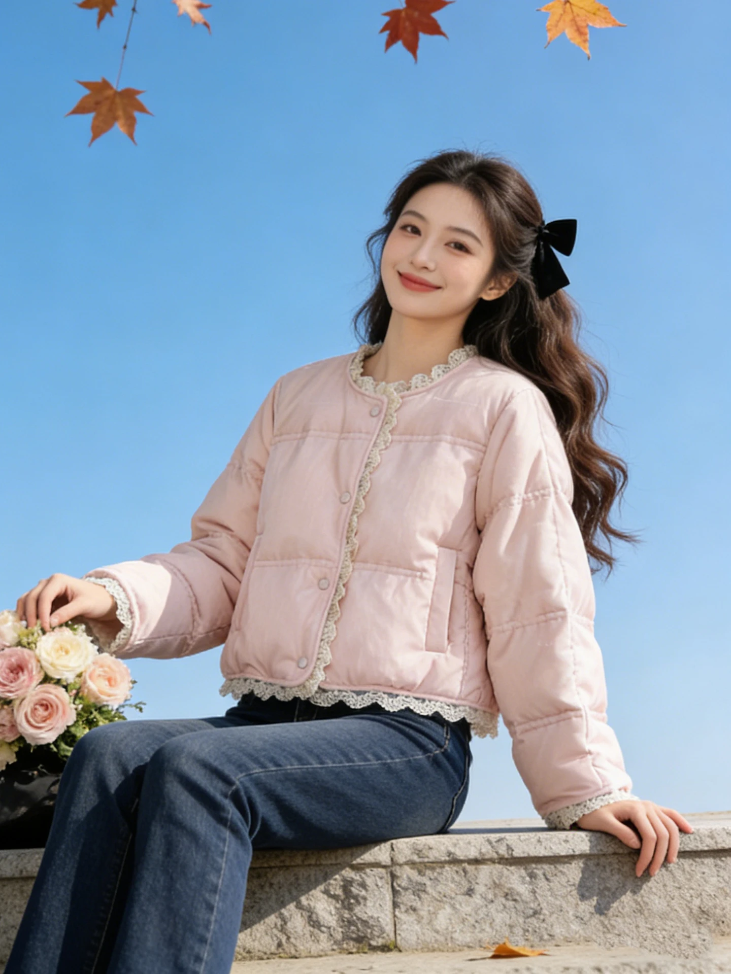 

Sweet Sle Pink Lace Trim ort Thiened round Ne Women's down Cotton Jaet Winter Warm Cozy Bread Sle Outerwear