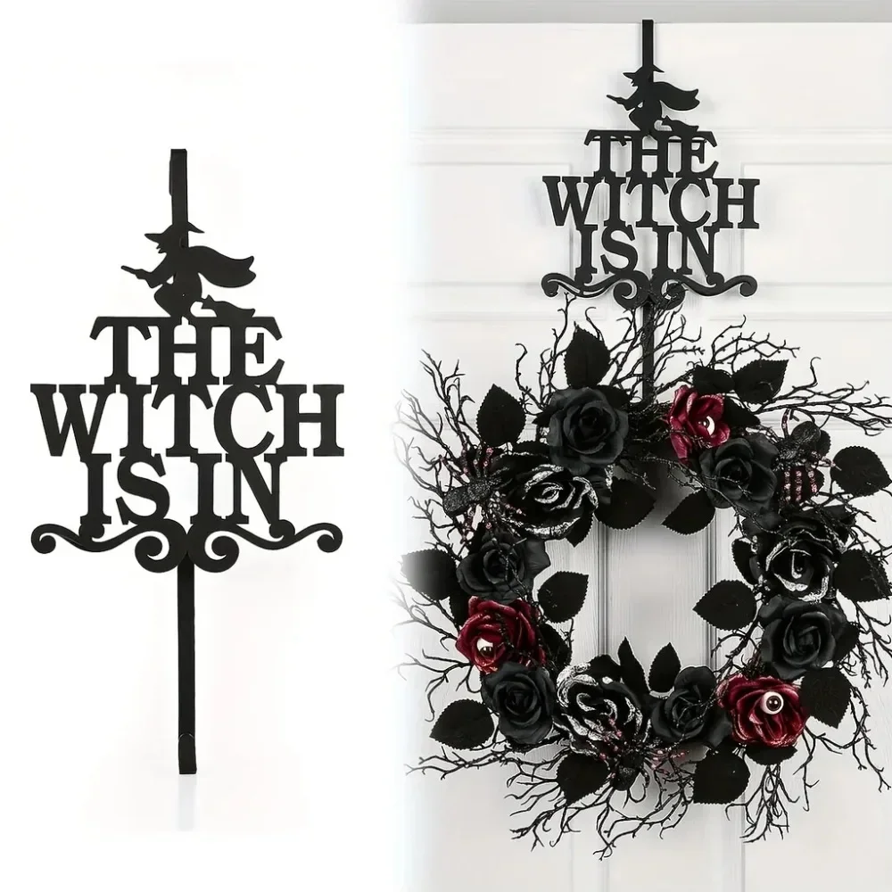 The Witch Is In Wreath Hanger: Metal Over-the-Door Hook for Front Door. Ideal for Halloween, Christmas, and Thanksgiving Decor