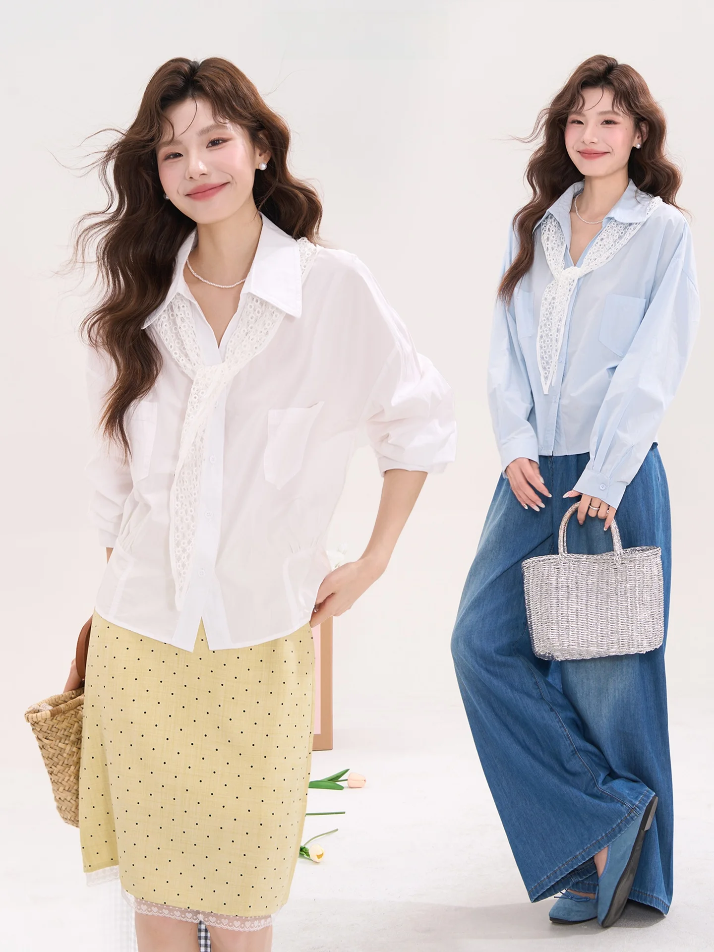 

Элегантная женская блузка с кружевной отделкой на плечах и длинными рукавами, в деловом стиле, весенняя, из смесового хлопка, модная, в корейском стиле