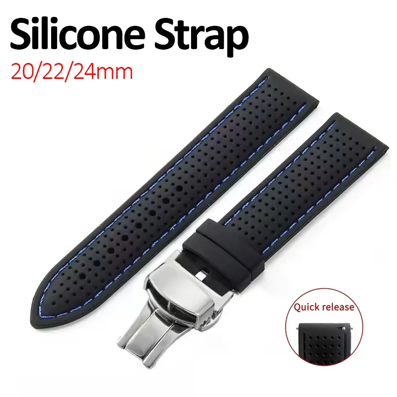 Silicone WatchBand Butterfly Buckle 20mm 22mm 24mm Soft Rubber Breathable Strap Replacement General Smartwatch Wristband