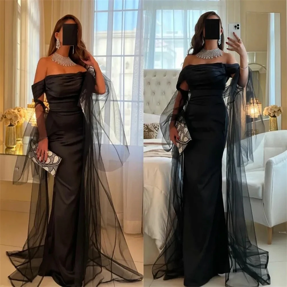 

Vintage Black Evening Dresse Off The Shoulder Saudi Arabia Stain Mermaid Backless Party Dress Robe De Soirée New Arrival Femme