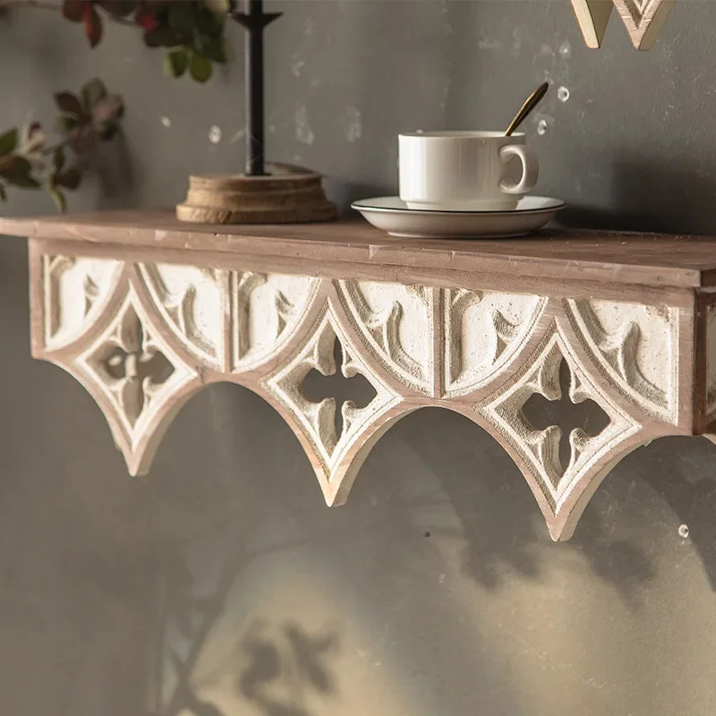 American retro carved wall shelf shelf solid wood decorative rack