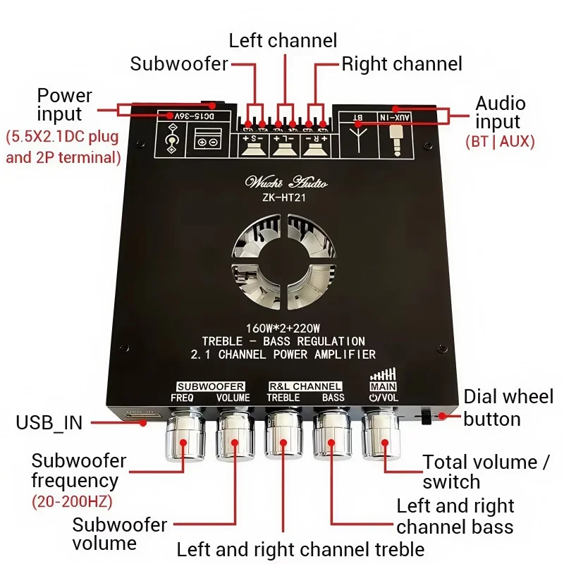 ZK-HT21 TDA7498E 2.1 Channel Bluetooth 5.0 Subwoofer Amplifier Board 160WX2+220W Power Audio Stereo Audio Amplifier Bass AMP