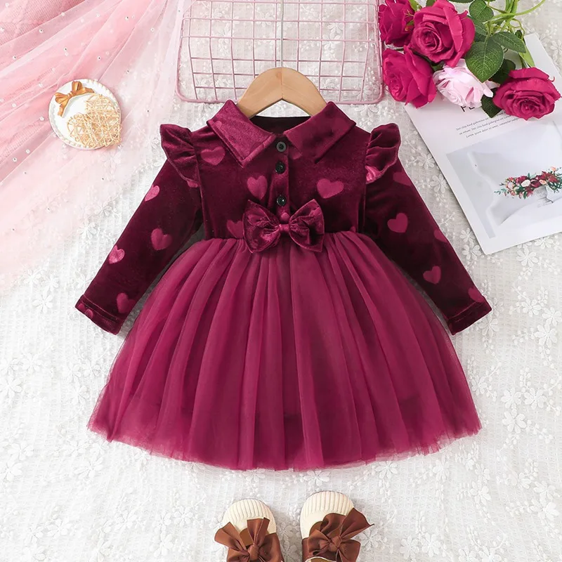 Spring Autumn Girl Dress Baby Cute Heart Pattern Mesh Patchwork Casual Dress Infant Fashion Outing Dress Birthday Wear Valentine