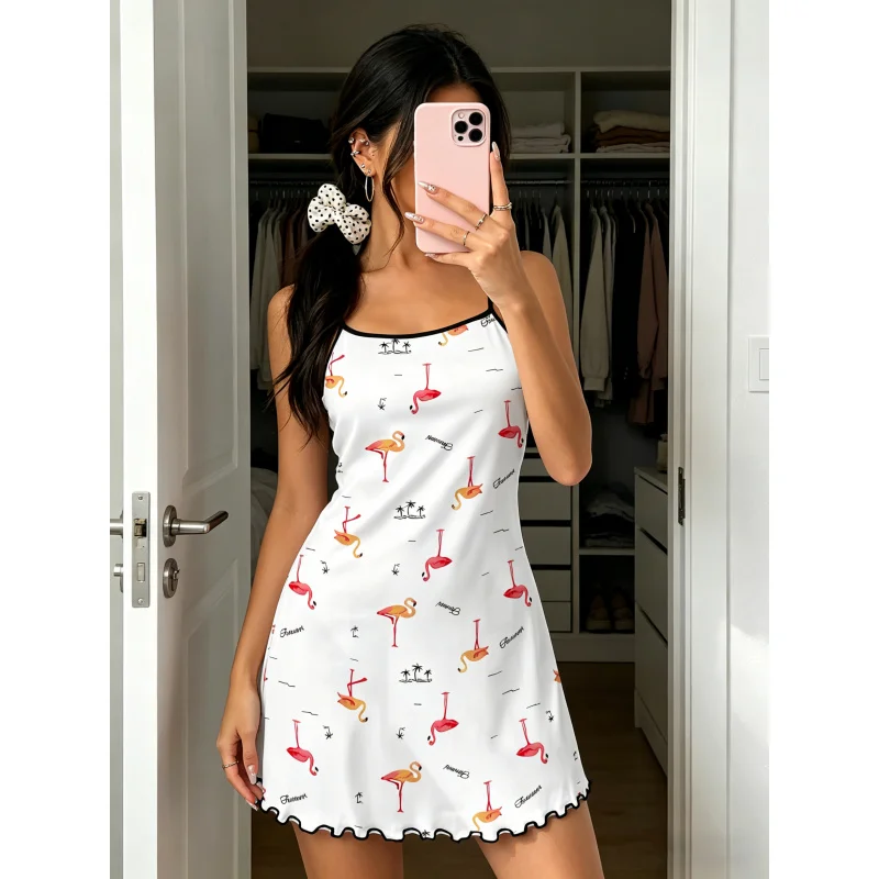 Women Summer Nightdress Spaghetti Strap Ruffle Trim Round Neck Home Loungewear Sleep Dress Cute Flamingo Print