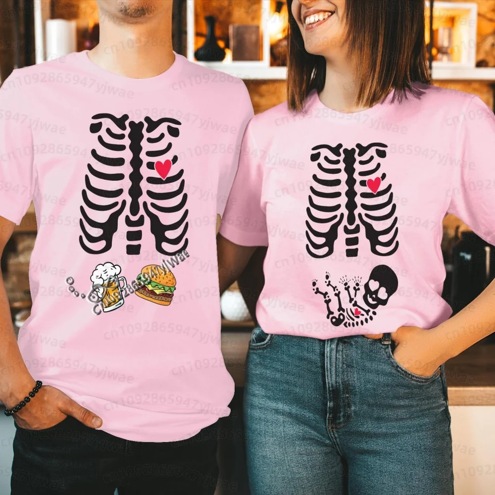 2026 Herren Halloween Skelett Schwangerschafts-Baby Halloween T-Shirt Totenkopf-Knochen-Druck Kurzarm Damen Herren Halloween Paar T-Shirt – Detail 29