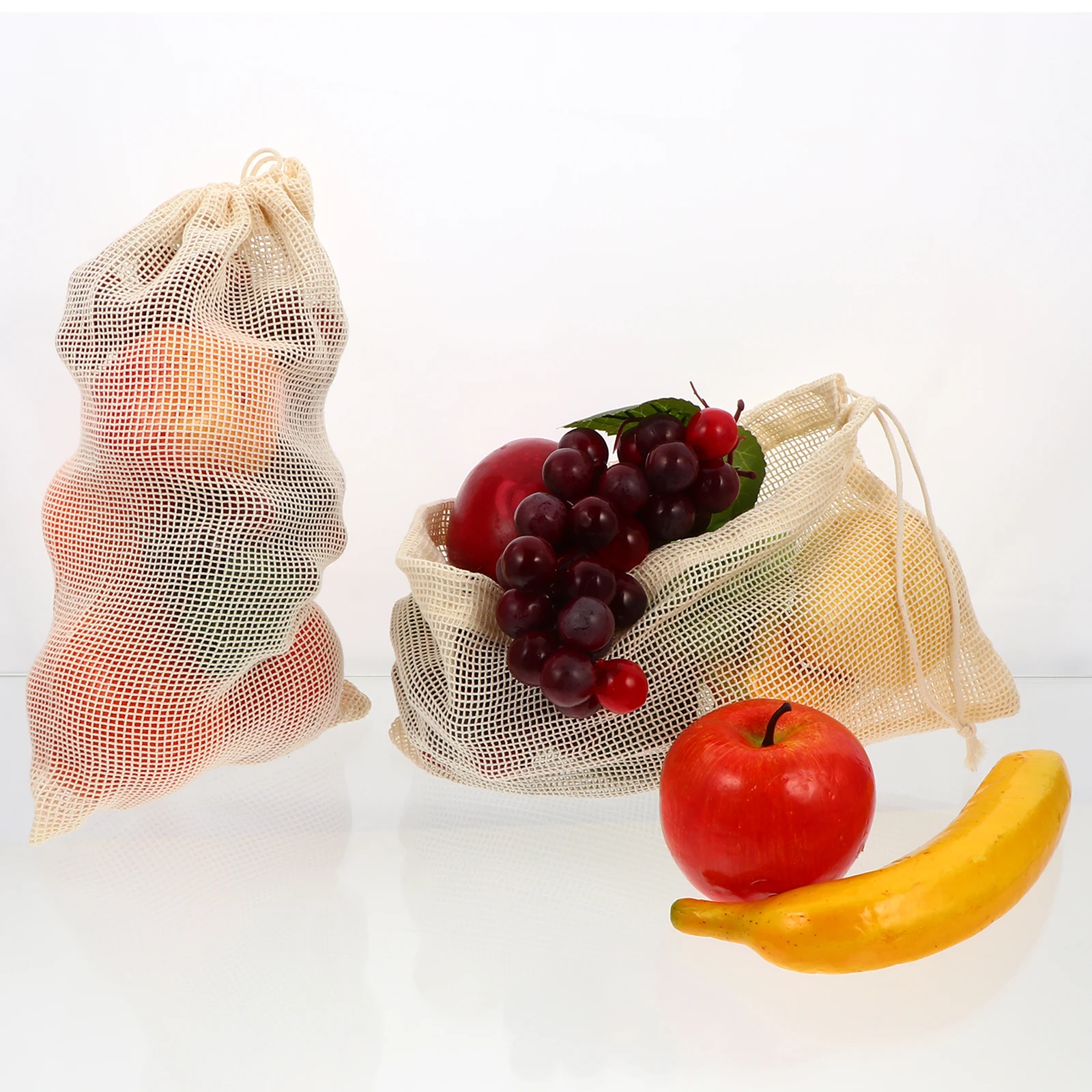 

6pcs Organic Mesh Reusable Grocery Shopping Tote Pouch For Fruits Vegetables Storage Light Breathable Drawstring Cotton Mesh