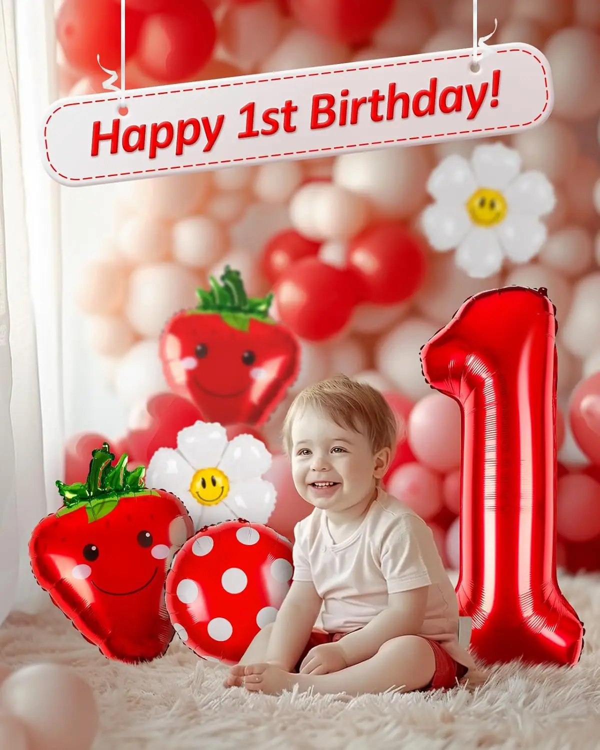 32 inch red number daisy strawberry balloon set for girls\' 1st birthday party decoration balloons