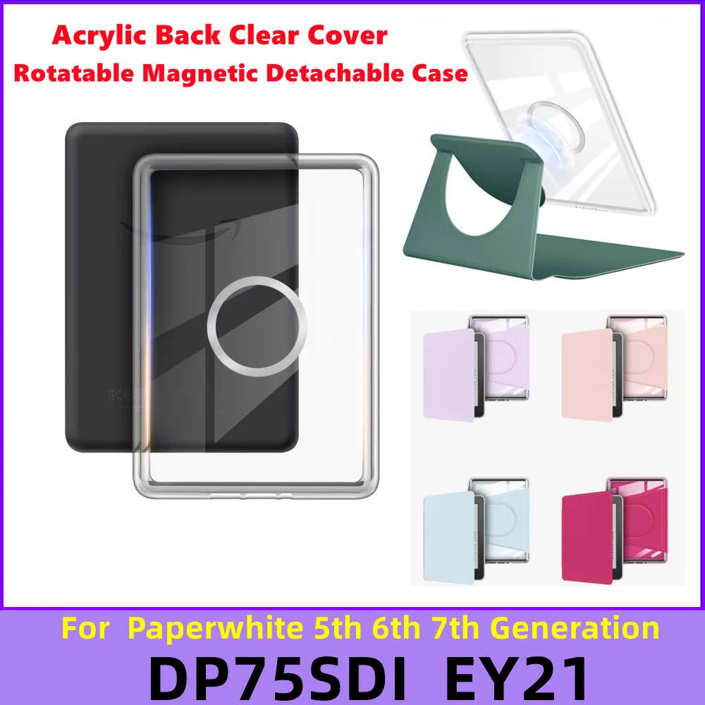 360° Rotatable Magnetic Detachable Smart Case For Kindle Paperwhite 5th 6th 7th Generation DP75SDI EY21 Ebook Acrylic Back Cover