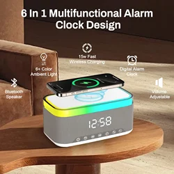 New Smart Bluetooth Speaker 15W Wireless Charger Bedhead Night Light Alarm Clock LED Clock with FM Radio Music Center