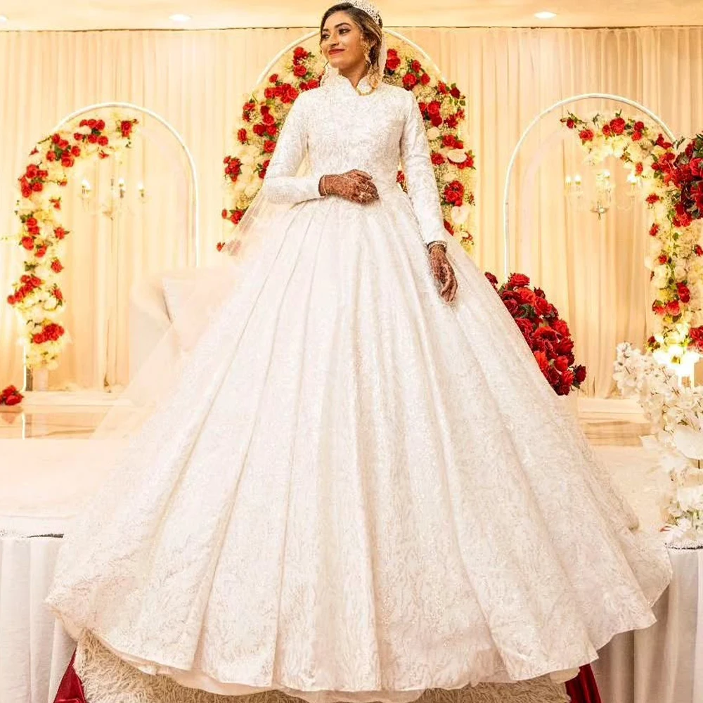 

Luxury Wedding Dresses High Neck Long Sleeves Ball Gown Lace Bride Dress Sweep Train Church Bridal Customized robe de mariée