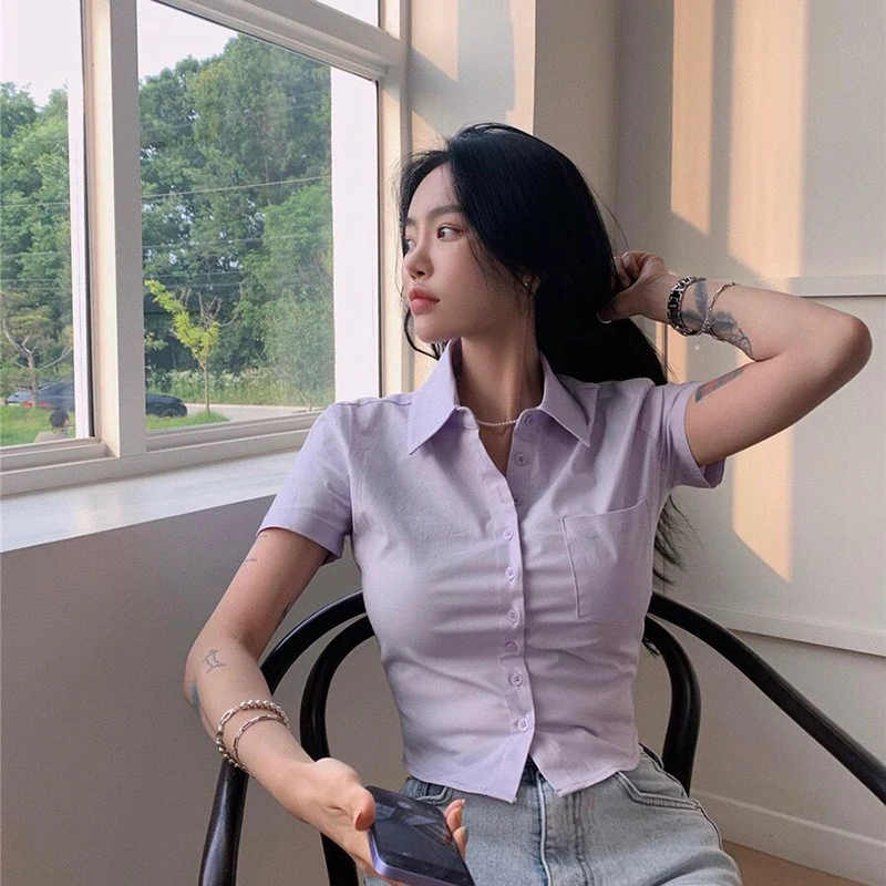 Sweet White Women Short Summer Preppy Style Slim Short Sleeve Female Blouse Korean New Pocket Chic Ladies Casual Crop Tops