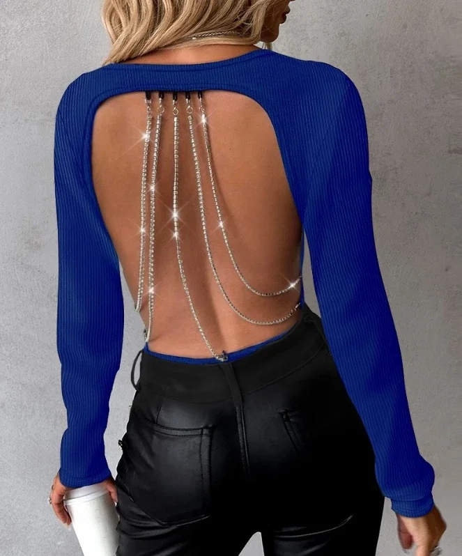 Fashion Woman Blouse Spring Rhinestone Chain Strap Backless Casual Plain Slash Neck Long Sleeve Daily Tee Top Y2K Clothes