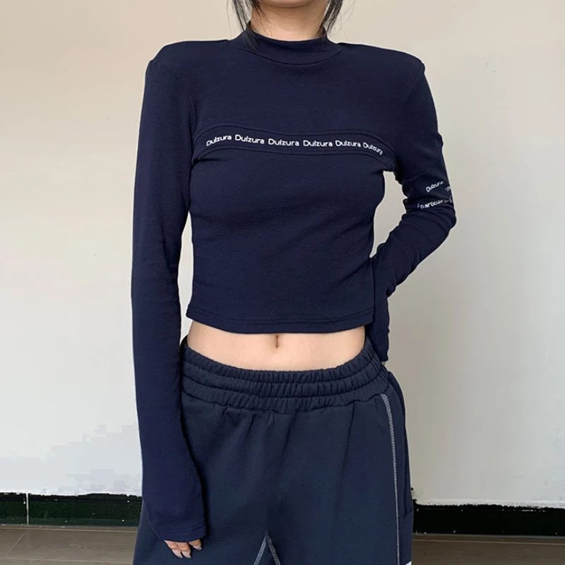 Long Sleeve T-shirts Women Autumn Slim Navy Blue Letter Retro Sexy Y2k Clothes Streetwear Crop Tops Hotsweet Embroidery Korean